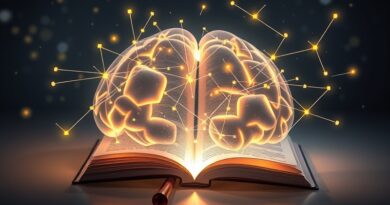 Notatnik w kształcie mózgu łączy się z gwiazdozbiorem Bliźniąt, symbolizuje Gemini i NotebookLM.