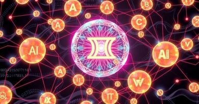 Sieć połączonych kul symbolizujących AI, przechodząca w iryzujący klejnot Gemini, na tle kodu.