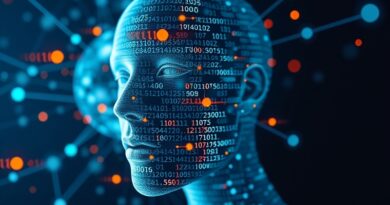 Rozproszona twarz z bitów, symbol deepfake'ów. Niebiesko-zielona sieć, pomarańczowe zakłócenia. Technologiczna niepewność, kruchość prawdy.