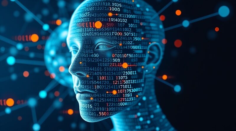 Rozproszona twarz z bitów, symbol deepfake'ów. Niebiesko-zielona sieć, pomarańczowe zakłócenia. Technologiczna niepewność, kruchość prawdy.