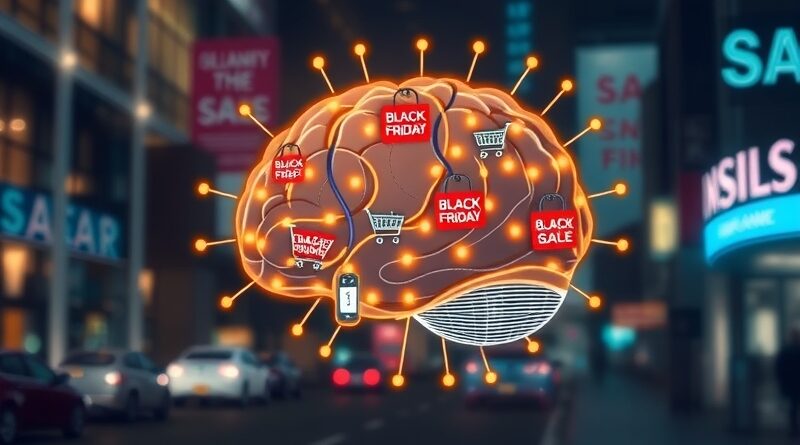 Mózg z obwodów drukowanych z ikonami koszyków i znakami Black Friday, tło: miasto.