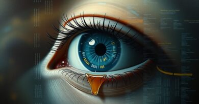 Lzawy ropy w oku odbijającym kod binarny i futurystyczny krajobraz. AI zagrożeniem dla aktorstwa.