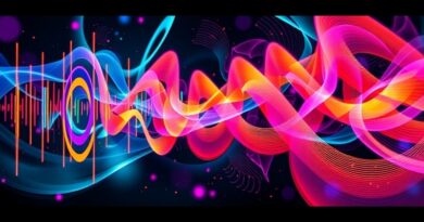 Abstrakcja fal dźwiękowych w żywych kolorach, symbolizująca fuzję audio i wideo w Kling AI 2.6.