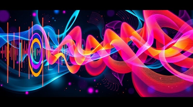 Abstrakcja fal dźwiękowych w żywych kolorach, symbolizująca fuzję audio i wideo w Kling AI 2.6.