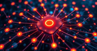 Sieć węzłów i obwodów symbolizująca konsolidację AI w 2026: fuzje, przejęcia, efektywność, bezpieczeństwo.