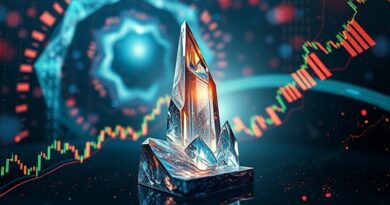 Kryształowy drapacz chmur finansowy, otoczony binarnym kodem i fraktalami, w tle nebula wykresów giełdowych.