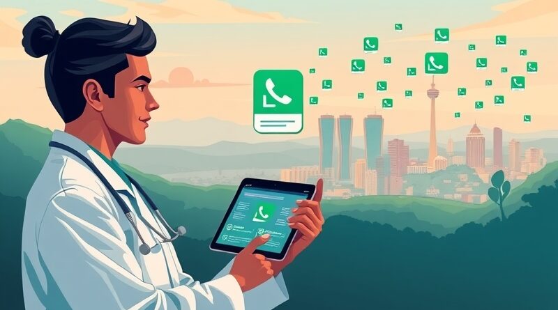 Latynoski lekarz używa tabletu z interfejsem medycznym, w tle miasto i komunikacja WhatsApp.
