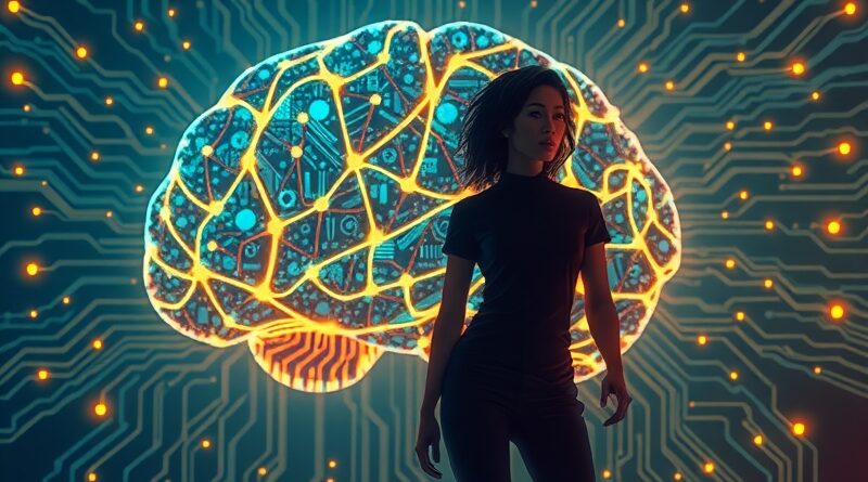 Mozaika obwodów i sylwetka kobiety symbolizująca innowacje AI i wizję Lei Su (AMD).