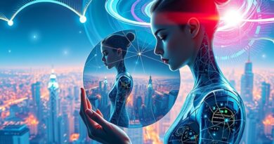 Futurystyczna postać trzyma lustro odbijające surrealistyczny, świetlisty pejzaż miejski z wirującymi danymi.