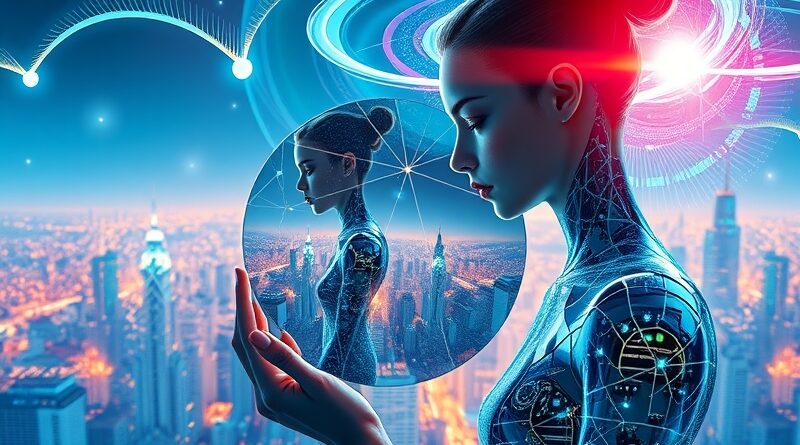 Futurystyczna postać trzyma lustro odbijające surrealistyczny, świetlisty pejzaż miejski z wirującymi danymi.