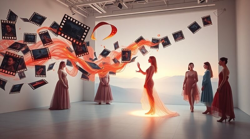 Eteryczny reżyser kreuje aktorów z wideo, łącząc realizm z AI w futurystycznym studiu.