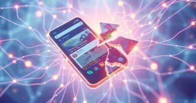 Świecąca sieć neuronowa scala rozbity ekran smartfona z interfejsami social mediów. Pastelowe barwy.