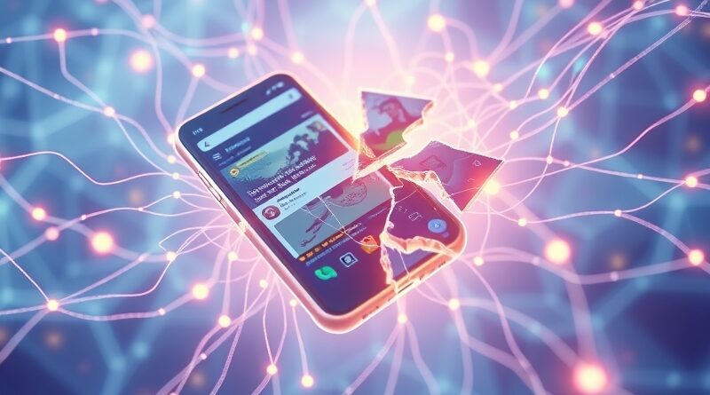 Świecąca sieć neuronowa scala rozbity ekran smartfona z interfejsami social mediów. Pastelowe barwy.