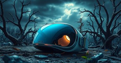 Roztrzaskane gogle VR pośród martwych cyfrowych drzew, burzowe niebo. Kiełkująca sieć neuronowa w promieniu światła.