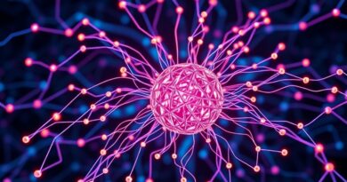 Surrealistyczna sieć neuronowa, łącząca dźwięk, obraz i tekst w percepcji AI. Głębia błękitu, purpura i blask pomarańczy.