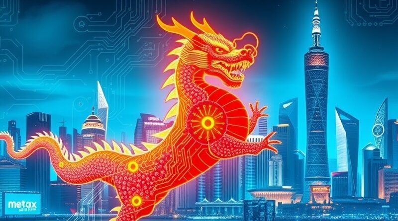 Futurystyczna panorama Szanghaju: neonowe smoki z mikroczipów symbolizują debiut MetaX i technologiczny boom.