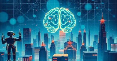 Futurystyczne miasto z kodu, AI i neuronów. Centralnie pulsujący mózg – symbol „interleaved thinking” MiniMax-M2.