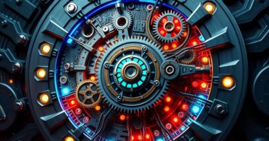 Złożony mechanizm zegarowy z zębatkami, obwodami i neuronami, symbolizujący możliwości kodowania MiniMax M2.1.