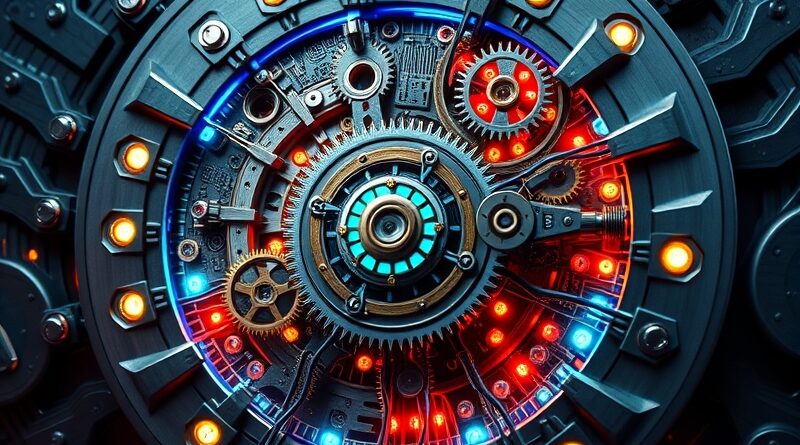 Złożony mechanizm zegarowy z zębatkami, obwodami i neuronami, symbolizujący możliwości kodowania MiniMax M2.1.