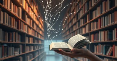 Surrealna biblioteka: książki przechodzą w strumienie danych, ręka dotyka strony tekstu.