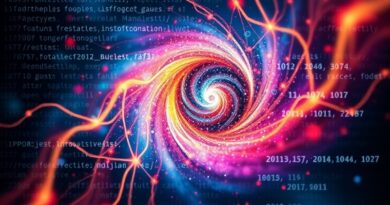 Abstrakcyjna nebula kodu: połączenie fragmentów programistycznych w wirujące, kolorowe konstelacje, symbolizujące innowacyjne oprogramowanie Mistral AI.