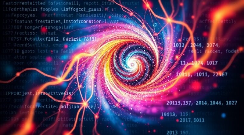 Abstrakcyjna nebula kodu: połączenie fragmentów programistycznych w wirujące, kolorowe konstelacje, symbolizujące innowacyjne oprogramowanie Mistral AI.