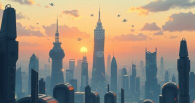 Futurystyczny krajobraz miasta z AI: wieże, otwarty kod, wschód słońca, decentralizacja, Mistral Large 3.