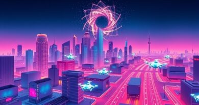 Abstrakcyjna wizja autonomicznej sieci dostawczej: neony, drony światła, algorytmy w mieście.