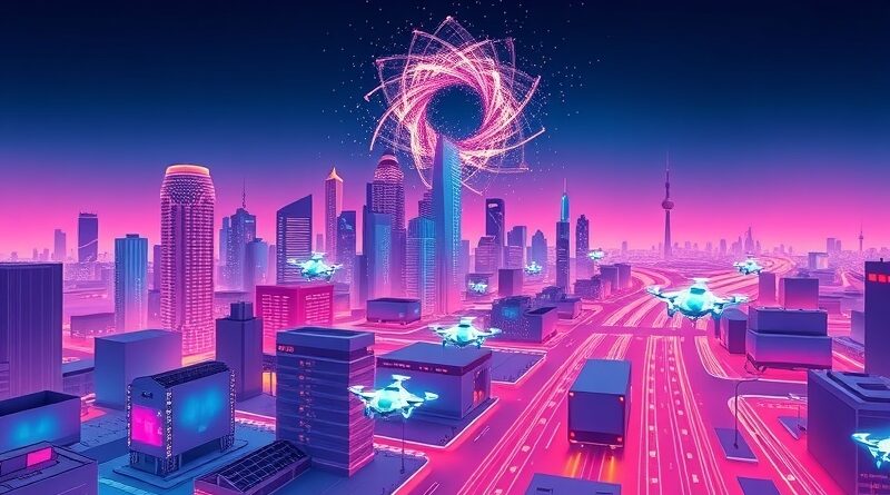 Abstrakcyjna wizja autonomicznej sieci dostawczej: neony, drony światła, algorytmy w mieście.