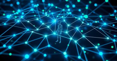 Futurystyczna sieć neuronowa w odcieniach błękitu i zieleni, symbolizująca działanie agentów AI Nemotron 3.