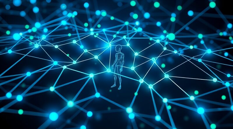 Futurystyczna sieć neuronowa w odcieniach błękitu i zieleni, symbolizująca działanie agentów AI Nemotron 3.