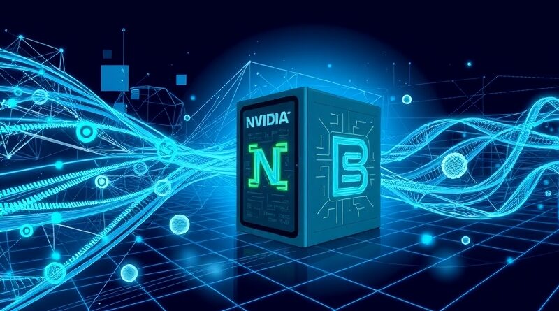 Dynamiczna ilustracja współpracy NVIDIA i Mistral AI: sieci neuronowe, GB200, skok wydajności modeli językowych.