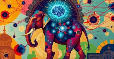 Indyjski słoń z obwodami na tle mapy Indii, symbol AI i połączenia tradycji z nowoczesnością.