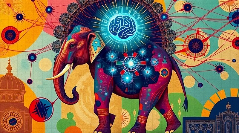 Indyjski słoń z obwodami na tle mapy Indii, symbol AI i połączenia tradycji z nowoczesnością.
