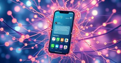 Abstrakcyjna sieć neuronowa otacza smartfon z powiadomieniami wspieranymi przez AI, w pastelowych barwach Androida.