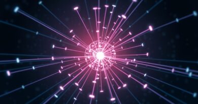 Abstrakcyjna sieć cyfrowych strumieni w centralnym, świetlistym punkcie. Symbolizuje agregację informacji i efektywną organizację.