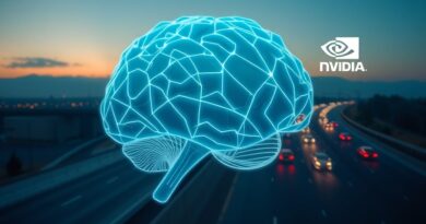Mózg cyfrowy z autostradą w tle symbolizuje nowy model AI Nvidia Alpamayo-R1 dla pojazdów autonomicznych.