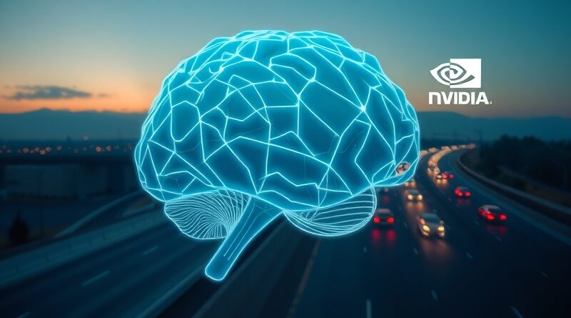 Mózg cyfrowy z autostradą w tle symbolizuje nowy model AI Nvidia Alpamayo-R1 dla pojazdów autonomicznych.