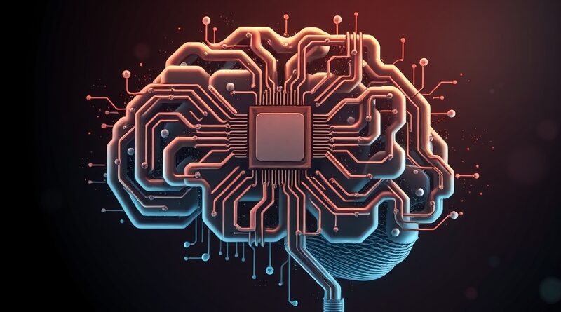 Abstrakcyjny mózg z obwodów odzwierciedlający moc obliczeniową GPU, symbol Nvidii i Synopsys.