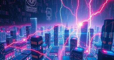 Abstrakcyjna, futurystyczna metropolia z krzemowych płytek, neuralnych sieci i błyskawic symbolizujących rozwój AI.