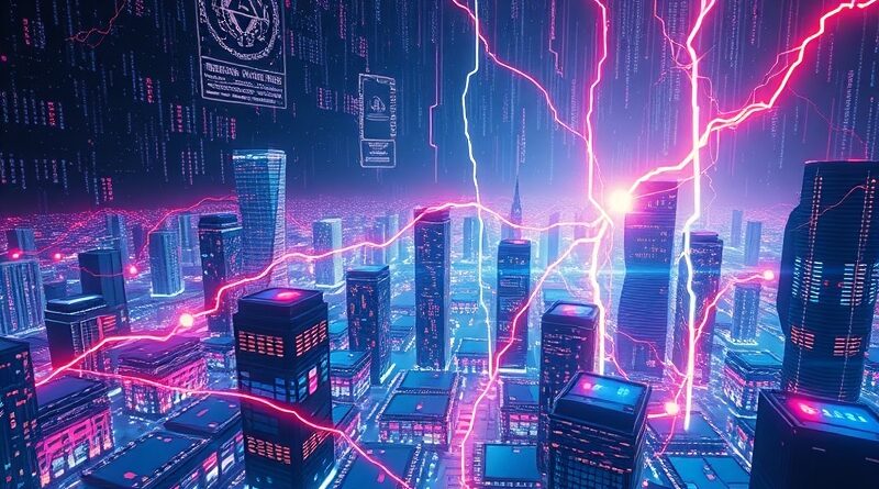 Abstrakcyjna, futurystyczna metropolia z krzemowych płytek, neuralnych sieci i błyskawic symbolizujących rozwój AI.