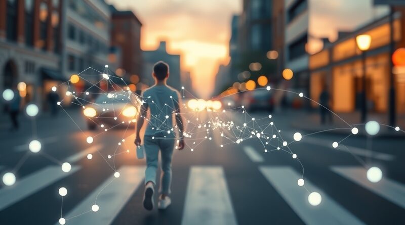Abstrakcyjna wizualizacja AI przewidującej intencje pieszych, nici światła, bezpieczeństwo i technologia w ruchu miejskim.