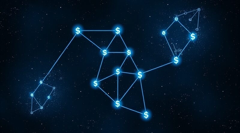 Konstelacja dolarów przypominająca sieć neuronową, symbolizująca inwestycje OpenAI w rozwój AI.