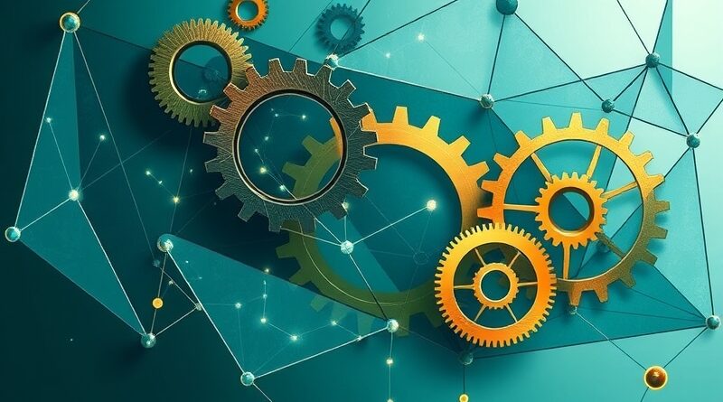 Abstrakcyjne, tealowo-złote koła zębate z siecią neuronową, przesłonięte geometrycznymi płaszczyznami. Symbol powiązań OpenAI i Thrive Holdings.