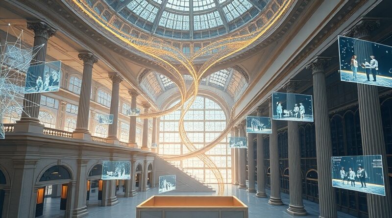 Renesans cyfrowy w korporacji: sieć neuronowa spleciona z klasyczną architekturą, przepływ danych, współpraca ludzi i AI.