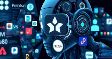 Pęknięty ekran chatbota z logo aplikacji, ukazujący wir danych. Technologiczne rozczarowanie, komercyjna inwazja.