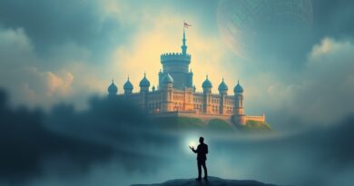 Cyfrowa forteca w mglistej scenerii, sylwetka osoby z kulą AI symbolizuje ryzyko i obronę.