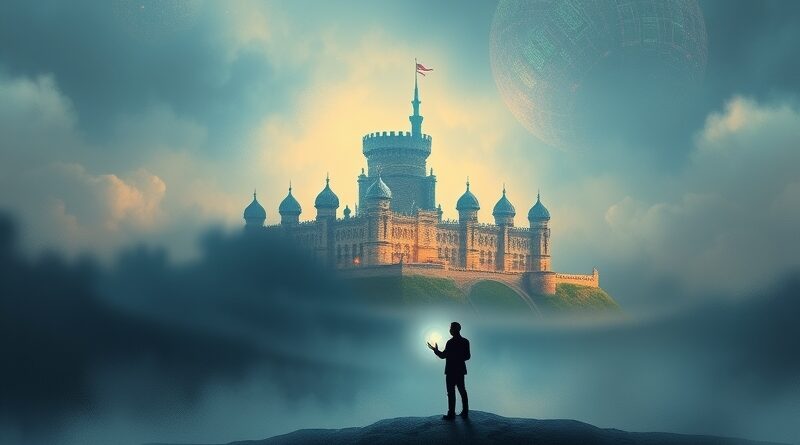 Cyfrowa forteca w mglistej scenerii, sylwetka osoby z kulą AI symbolizuje ryzyko i obronę.