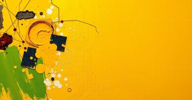 Abstrakcyjna paleta malarska z dynamicznymi żółcieniami i obwodem AI, symbolizująca ewolucję generowania obrazów.