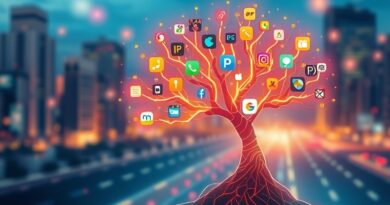 Świecące drzewo z obwodów, rodzące ikony aplikacji na tle cyfrowego miasta. ChatGPT App Store.